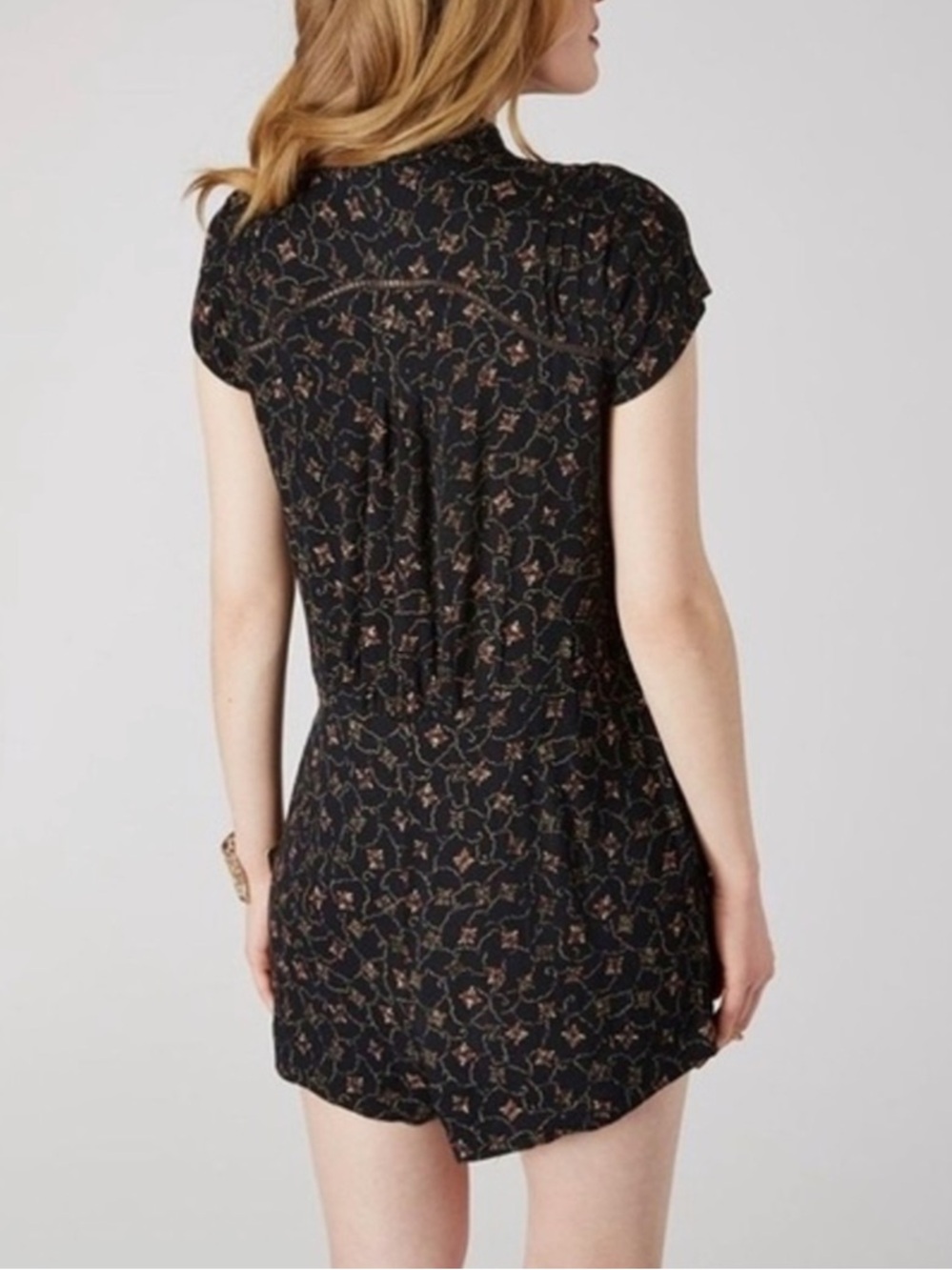 Free People Debby Dot Black Floral Print Shorts Romper with Silver Buttons - Picture 7 of 9